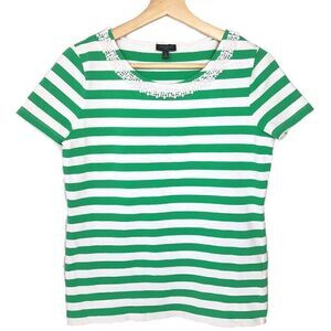 Talbots》 Green & White T-Shirt with Beaded Neckline